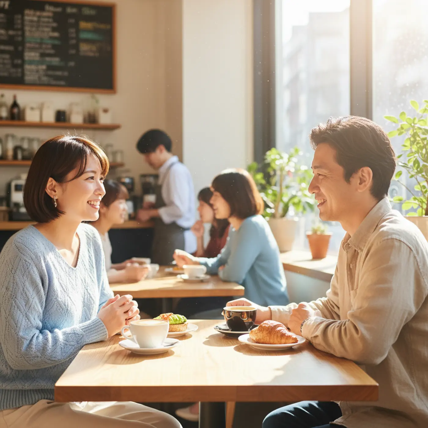 復縁を目指し、元恋人と友達としてカフェで再会した男女のイラスト。昼間の明るい雰囲気の中、笑顔で会話することで相手の警戒心を解き、復縁の次のステップへ繋げる様子を描写している。