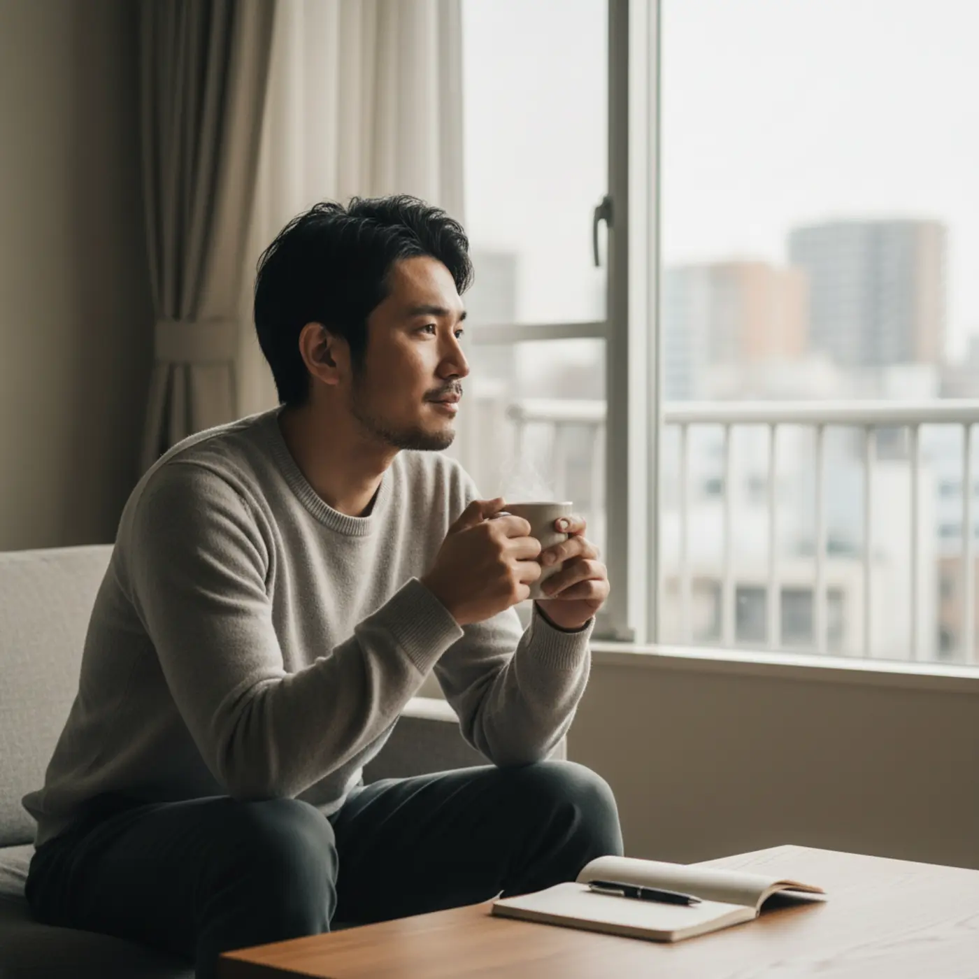 復縁の成功率を高める「冷却期間」の重要性を示す画像。一人の人物が距離を置いて冷静に考え事をしている。別れた相手との関係をゼロから再構築するための前向きな準備期間であり、感情的な行動を避ける大切さを表現。