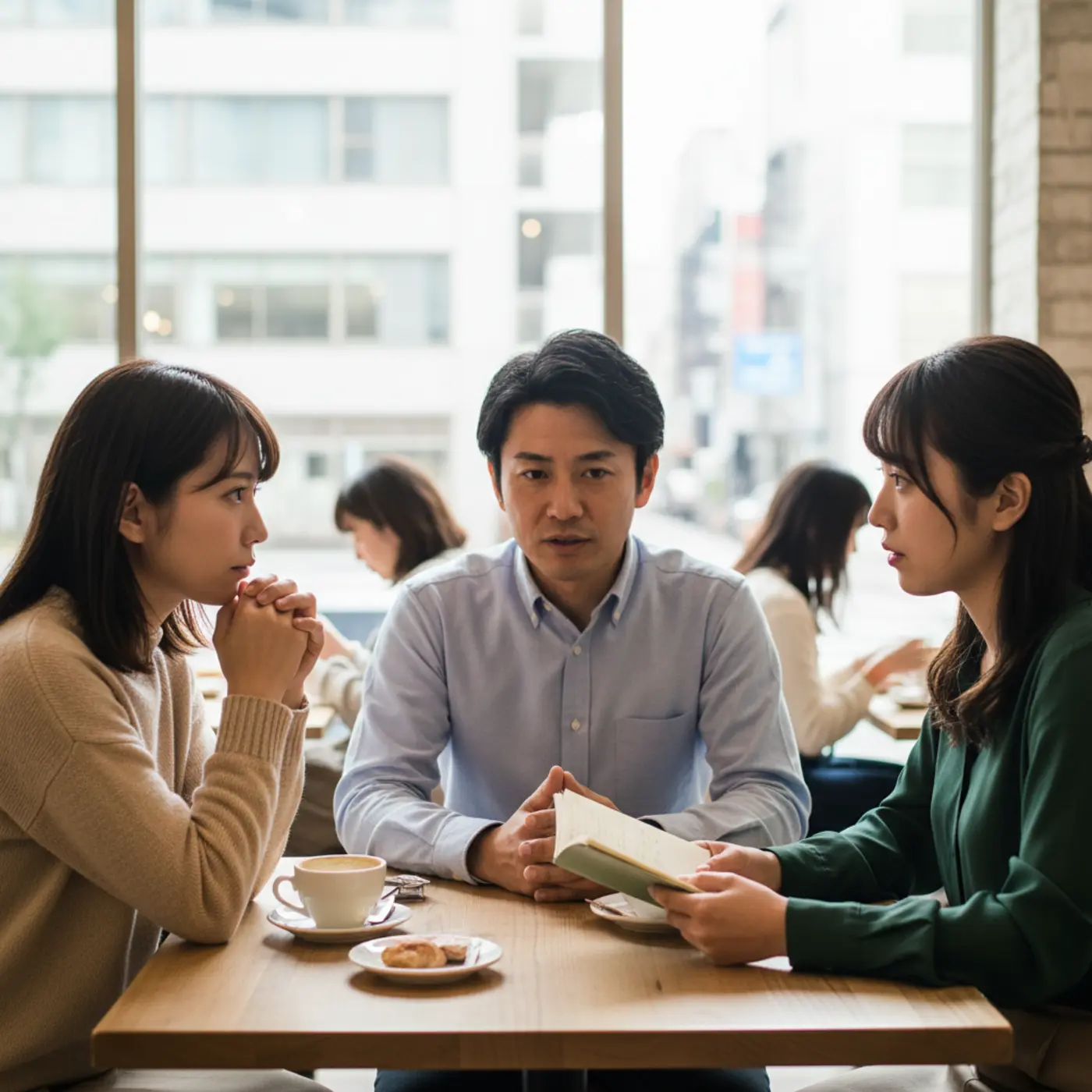 恋愛の悩みをカフェで友人に相談する女性。二人だけの世界から抜け出すため、第三者からの客観的な意見に真剣に耳を傾けている様子。