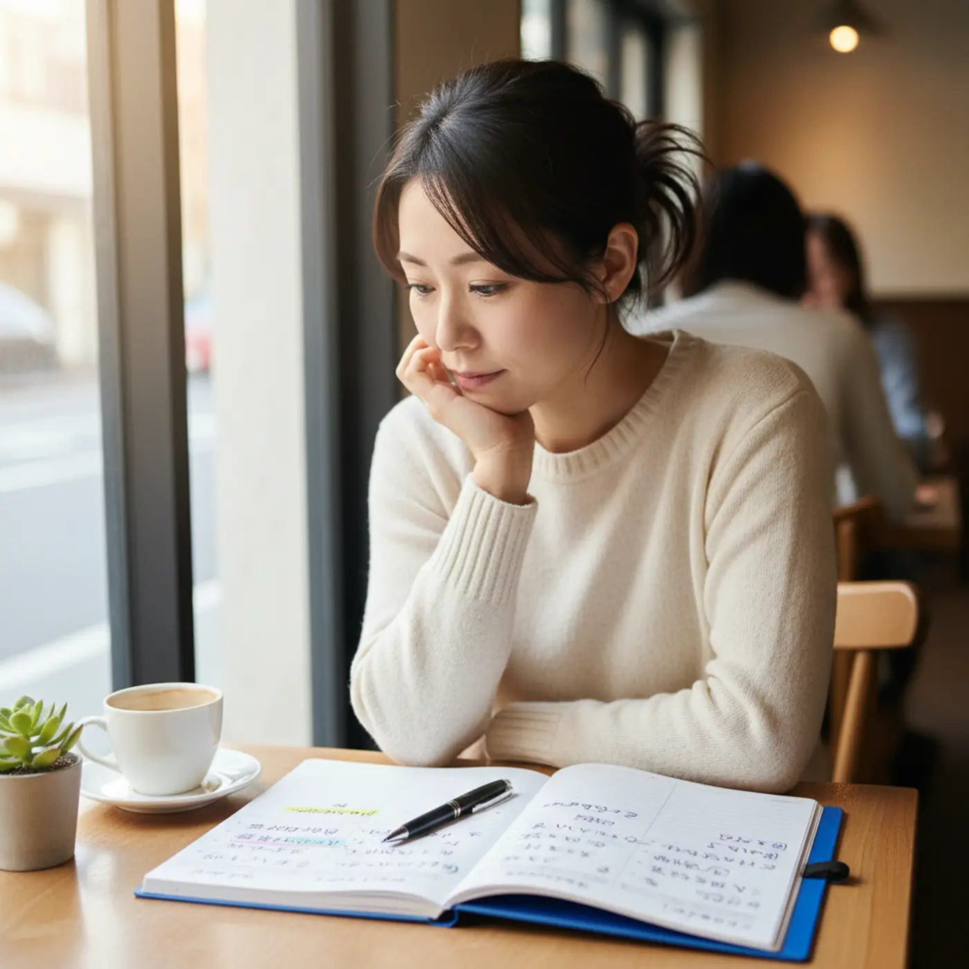 復縁を望む人が、別れた原因をノートに書き出し自己分析している様子。依存心や自信のなさを克服する内面の成長が、復縁の成功に不可欠であることを示す画像。