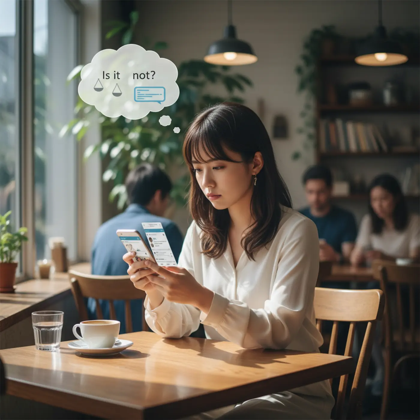 恋人から「仕事が忙しい」と言われた時に、それが本当か嘘か見極めるチェックポイントのイラスト。復縁を考える前に、SNSの更新頻度や返信の内容から相手の本心を探る方法を解説。