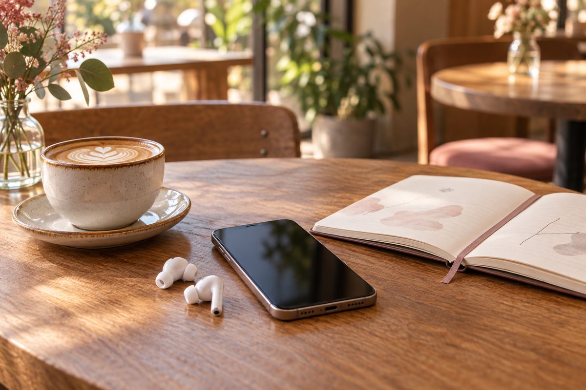 イヤホンとスマートフォン、横にノートが置かれた木のテーブル(文字は読めない)
