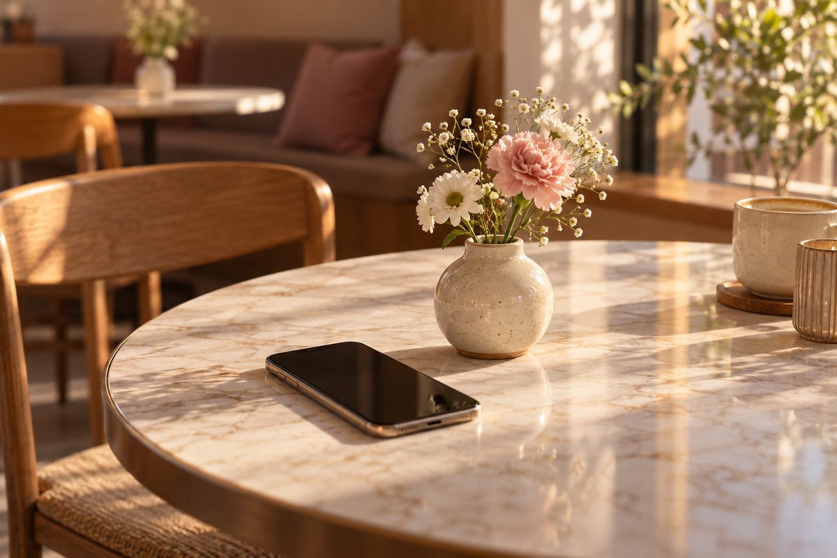午後の日差しが入るカフェのテーブルに置いたスマートフォンと小さな花瓶