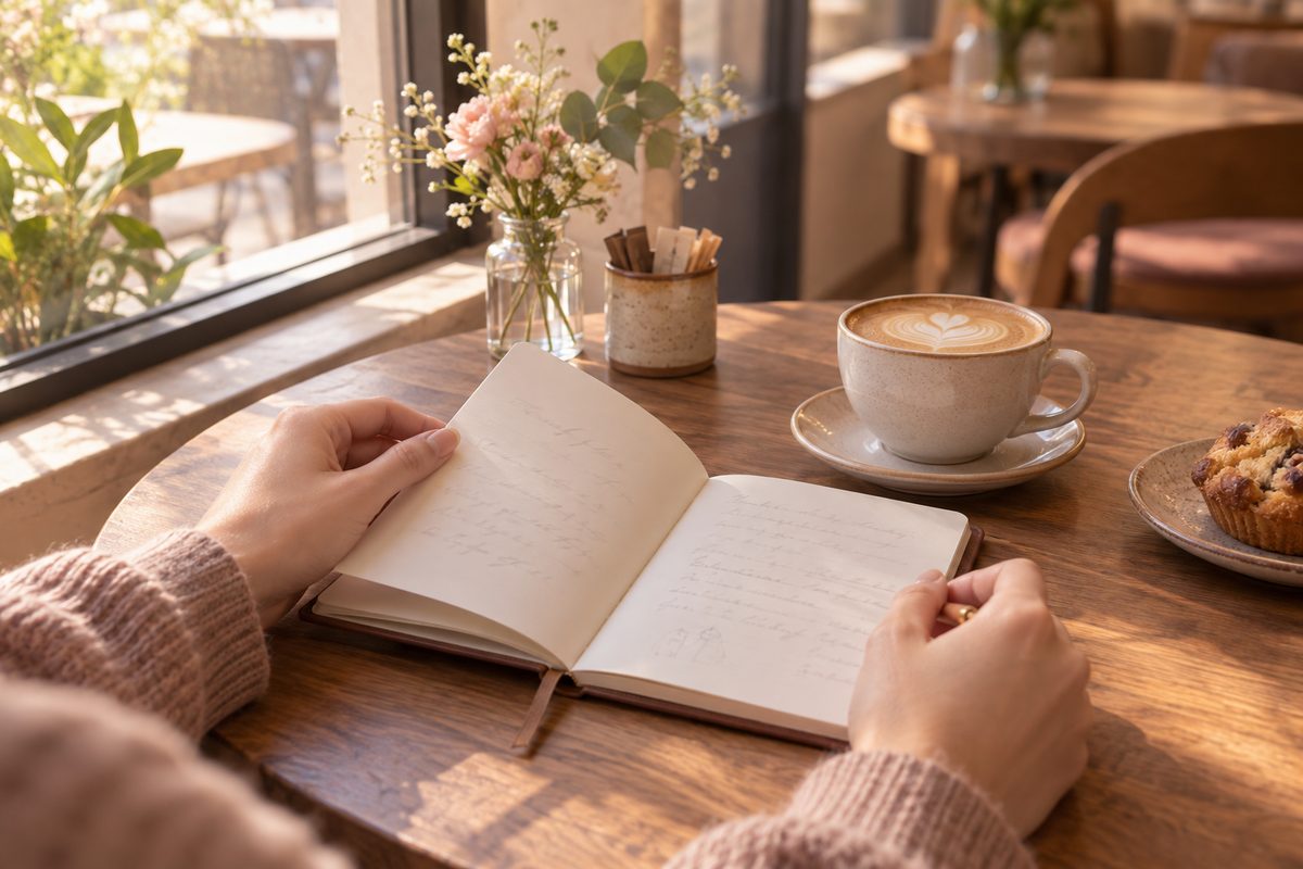 朝のカフェの窓辺で手帳を開き、コーヒーを前に考える手元(文字は読めない・顔は写らない)