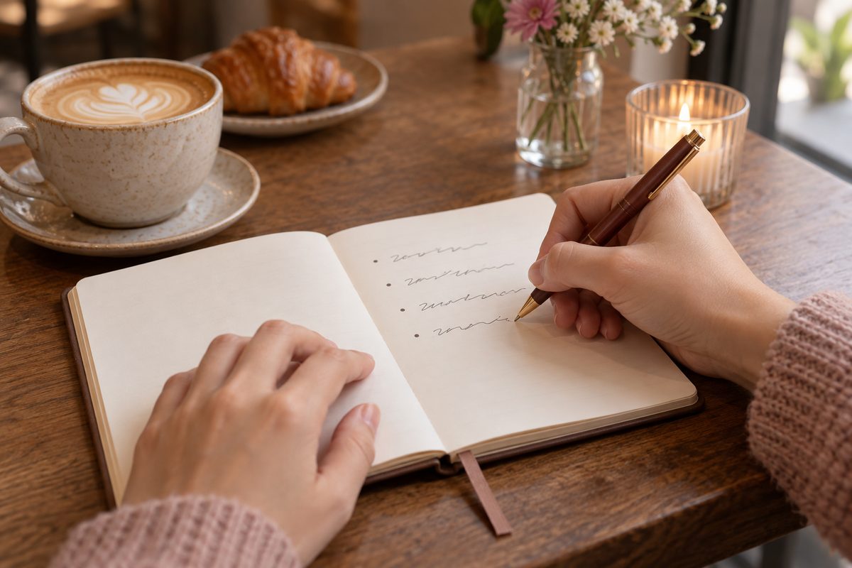 ノートに聞きたいことを箇条書きにする手元とペン(文字は読めない)