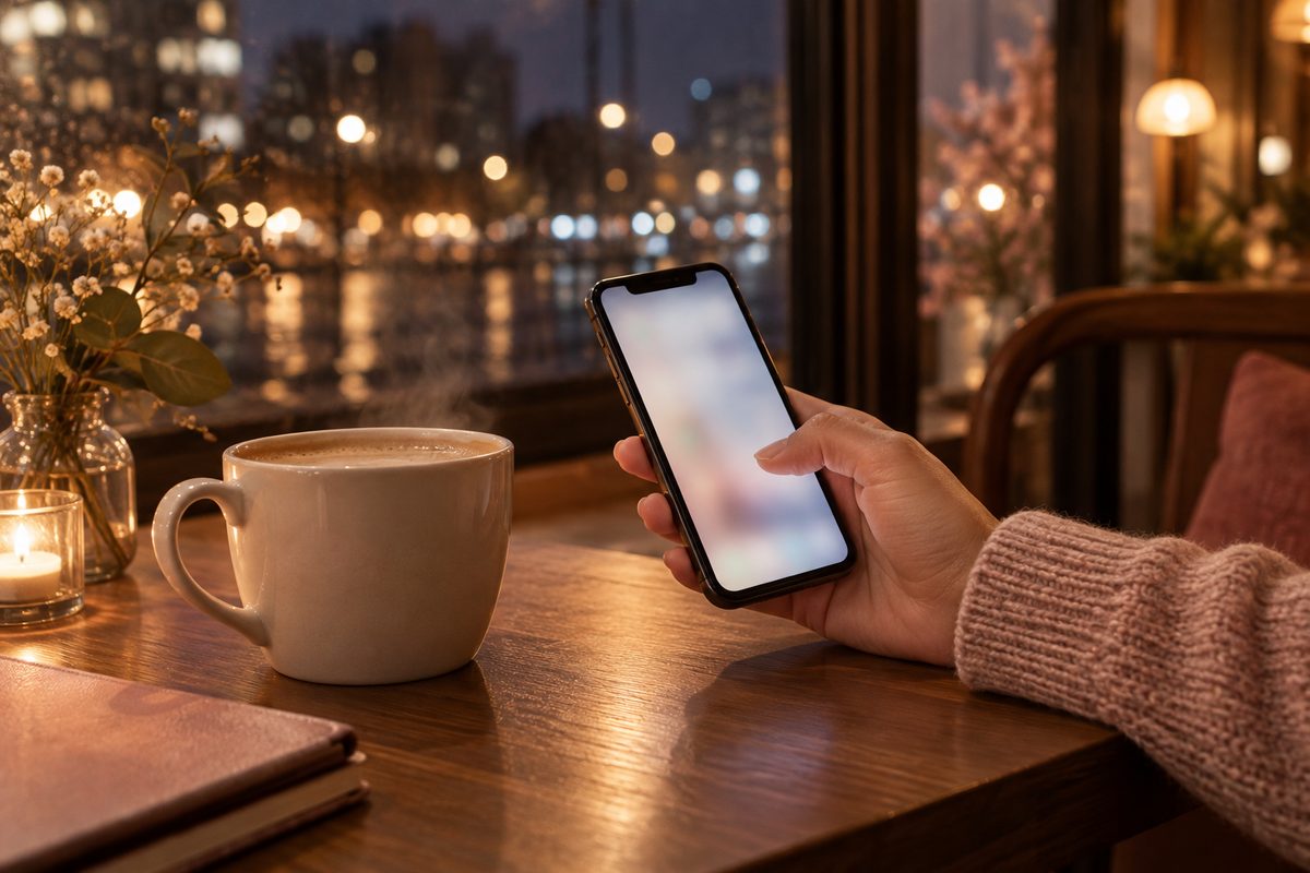 夜のカフェの窓辺でスマートフォンを手に持つ手元と温かい飲み物(画面の文字は読めない・顔は写らない)
