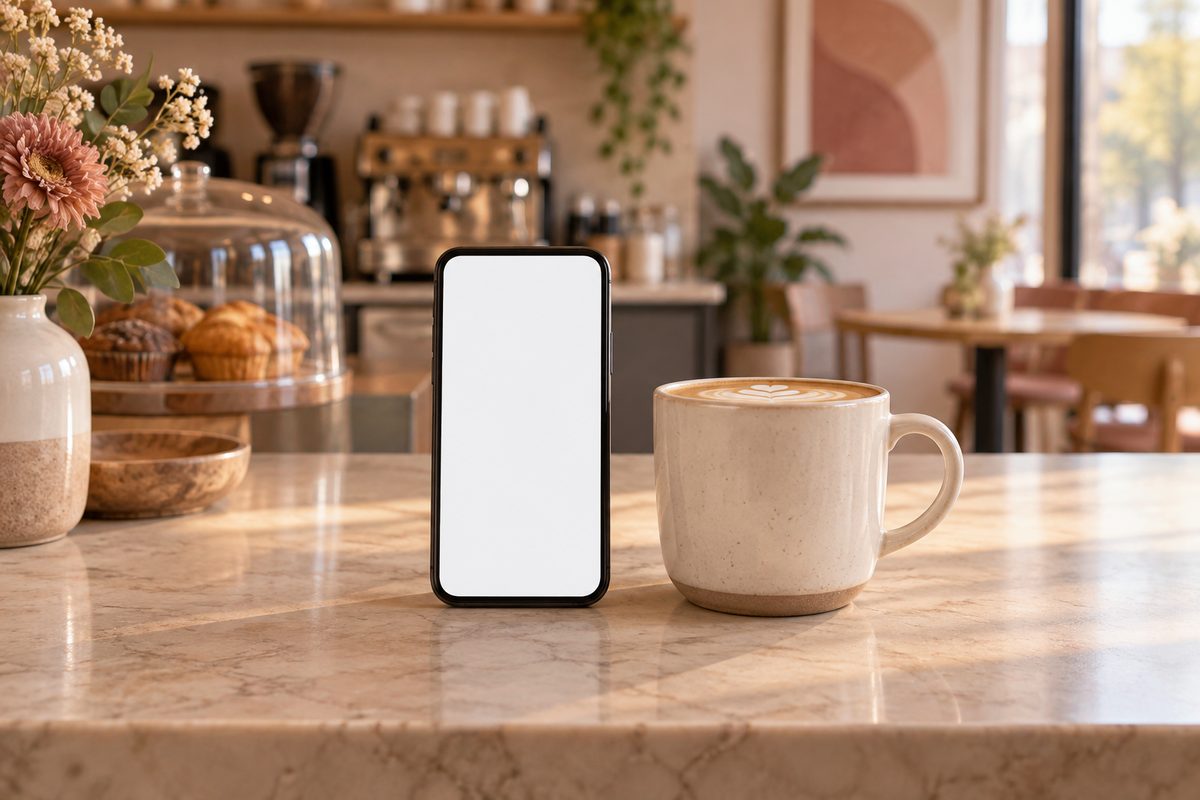 朝のやわらかな光が入るカフェのカウンターに置いたスマートフォンとマグカップ