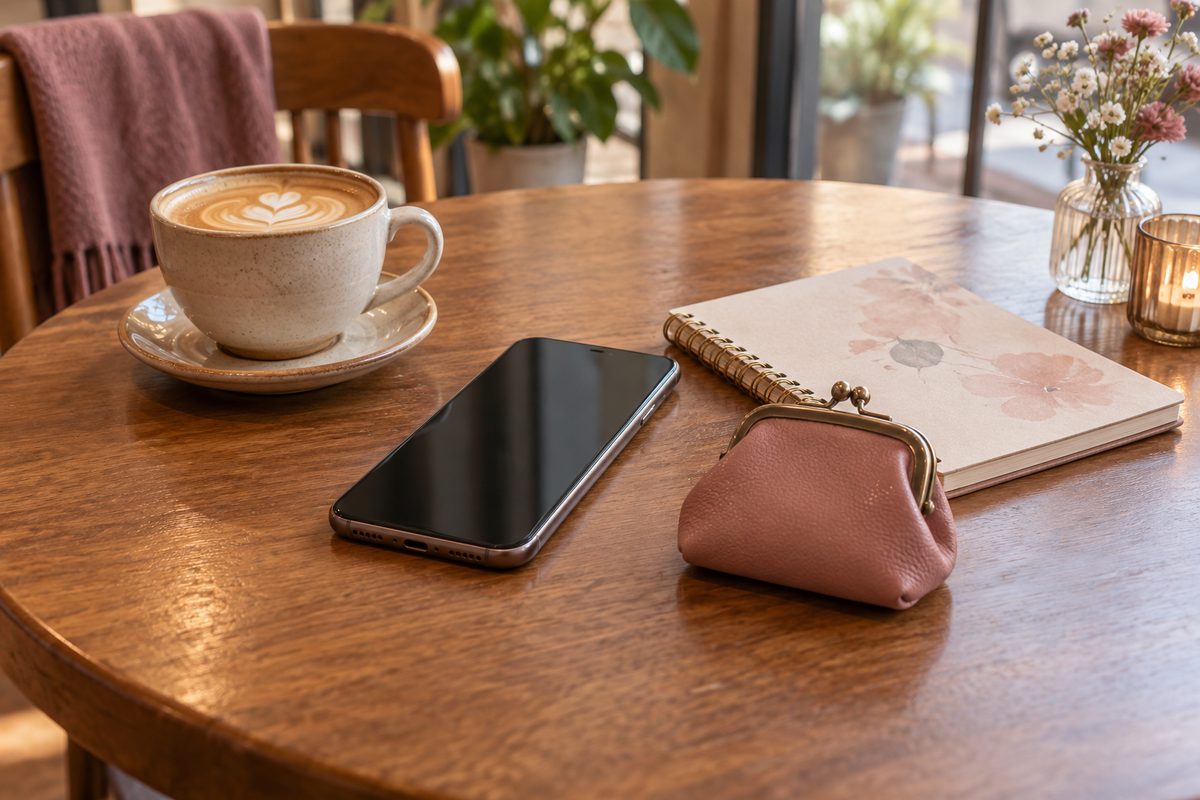 木のテーブルに置いたスマートフォンと小銭入れ、メモ帳(文字は読めない)