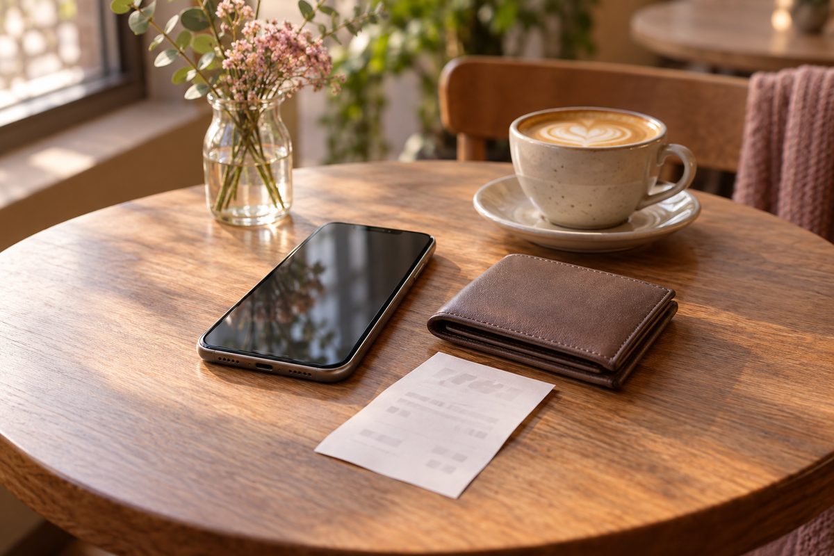 カフェのテーブルに置いたスマートフォンと財布、レシート(文字は読めない)