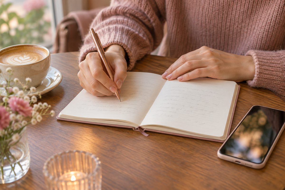 手帳に考えを書き出す手元と横に置いたスマートフォン（文字は読めない）