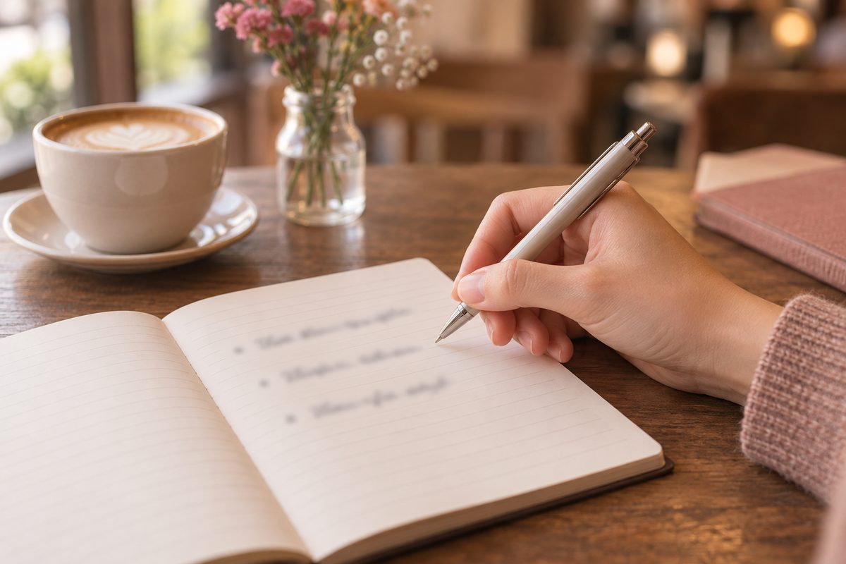 ノートに質問を3つ書き出した手元とペン(文字は読めない)