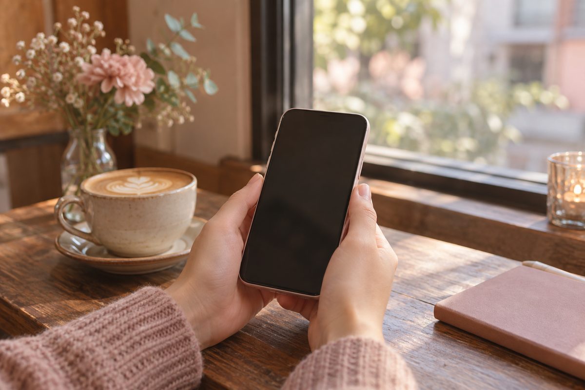 カフェの窓辺でスマートフォンを両手で持って考え込む手元(顔は写らない)
