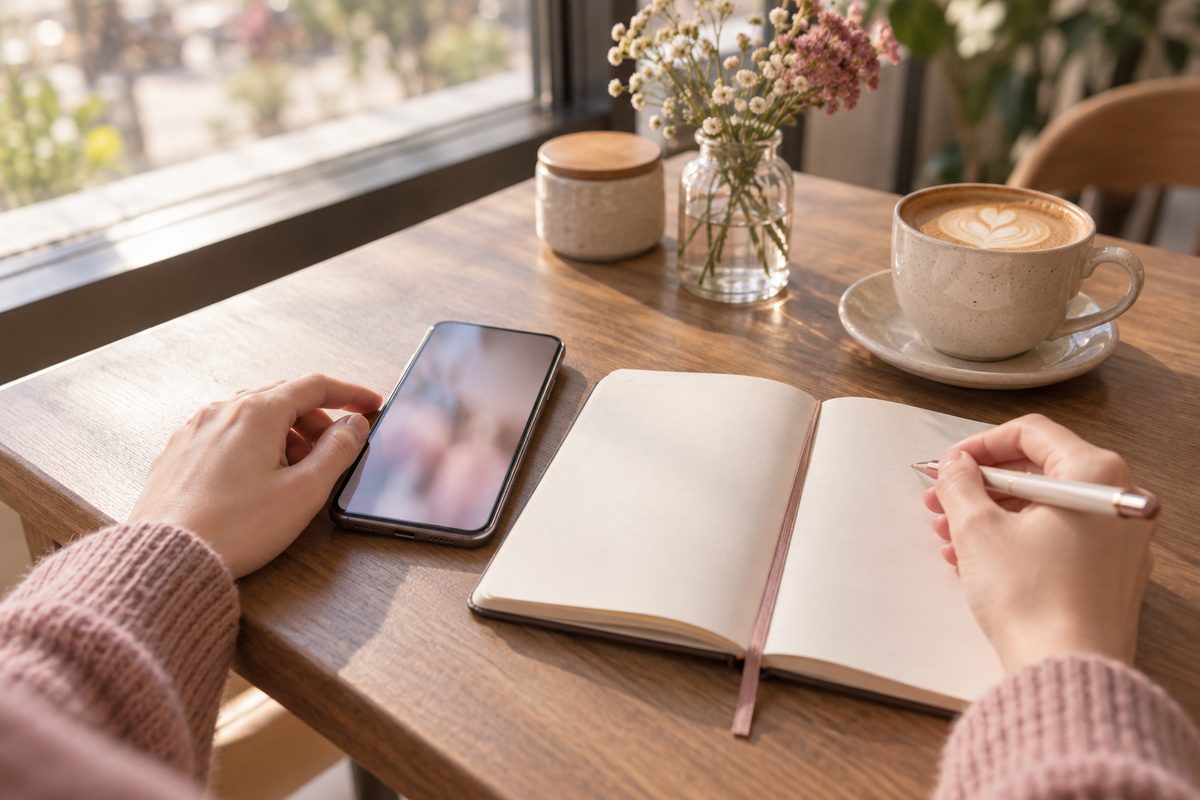 窓辺のカフェの席で、スマートフォンとノートを並べて比べている手元(文字は読めない)