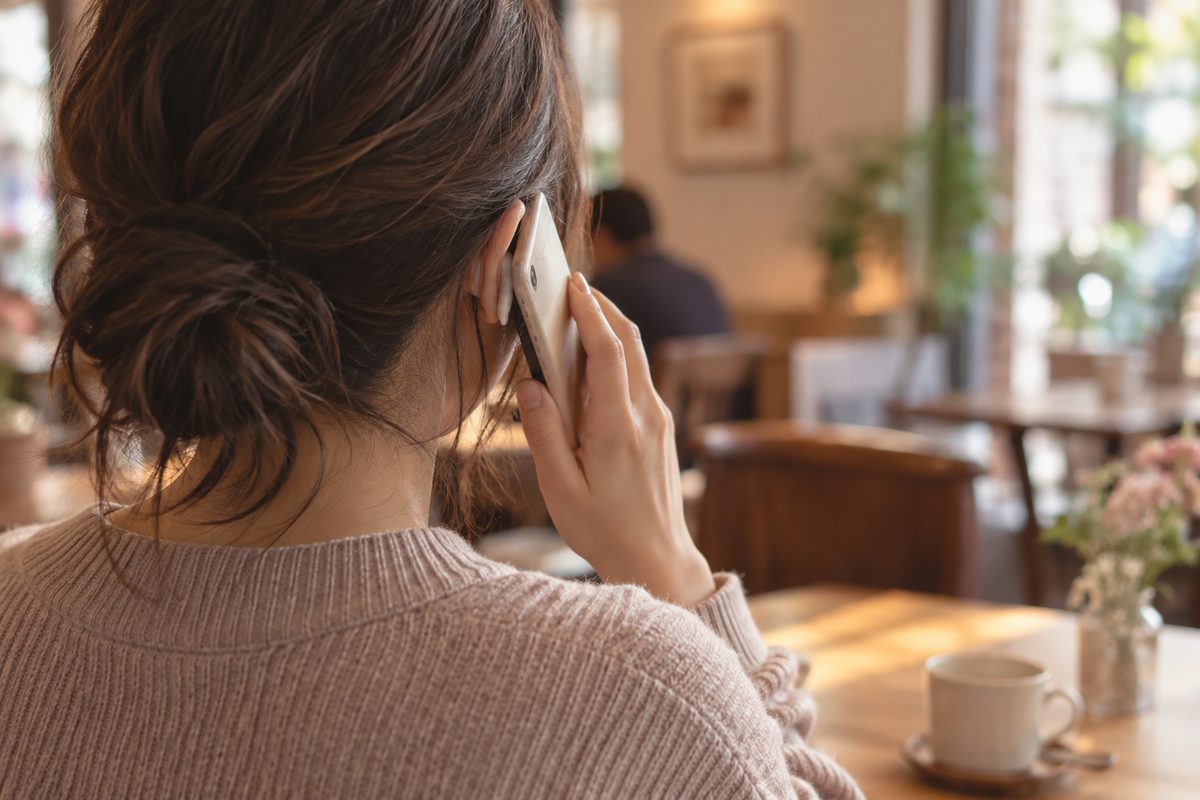 午後のカフェでイヤホンをつけてスマートフォンを耳に当てる女性の後ろ姿（顔は写らない）