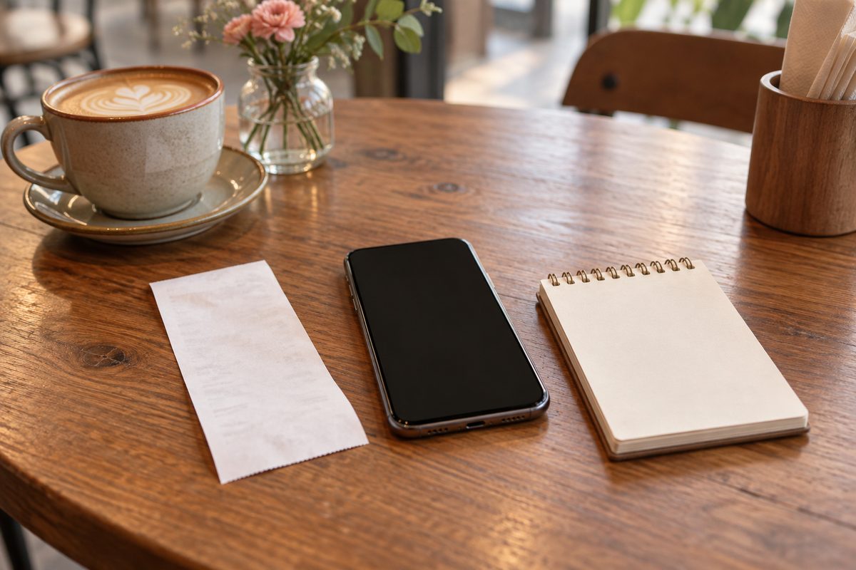レシートとスマートフォン、メモ帳が置かれた木のテーブル（文字は読めない）