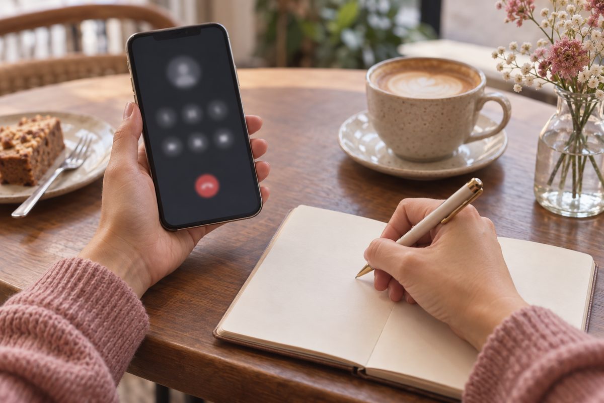 スマートフォンの通話画面を見ながらメモを取る手元(画面の文字は読めない)