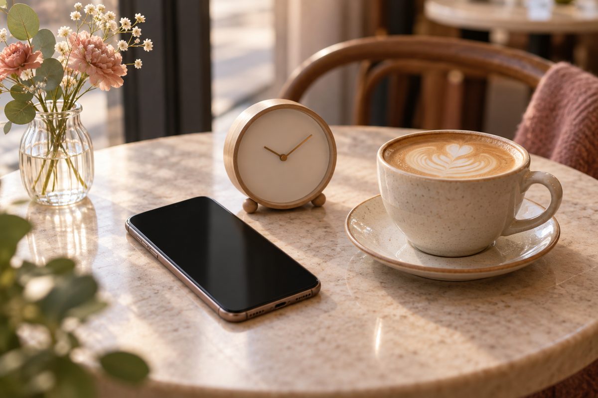 カフェのテーブルに置いたスマートフォンと小さな時計、ラテ