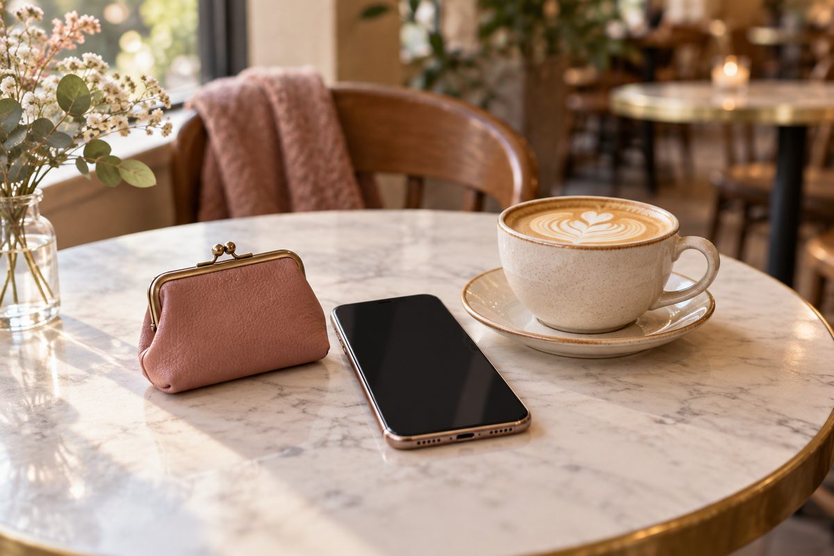 カフェのテーブルに置いたスマートフォンと小銭入れ、ラテ