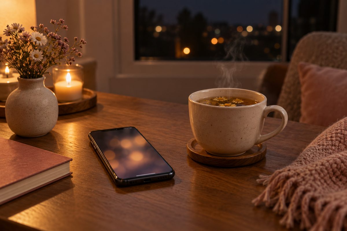 夜の部屋のテーブルにスマートフォンと湯気の立つハーブティー（画面の文字は読めない）