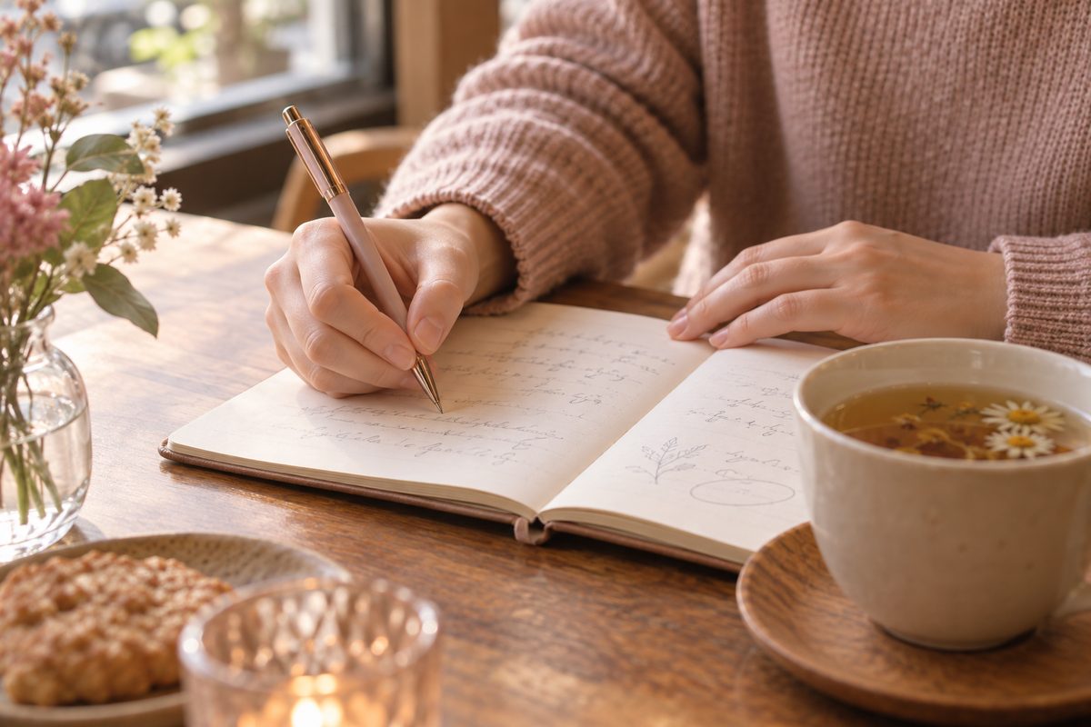 ノートに相談したいことを書き出す手元とペン、横にハーブティー(文字は読めない)