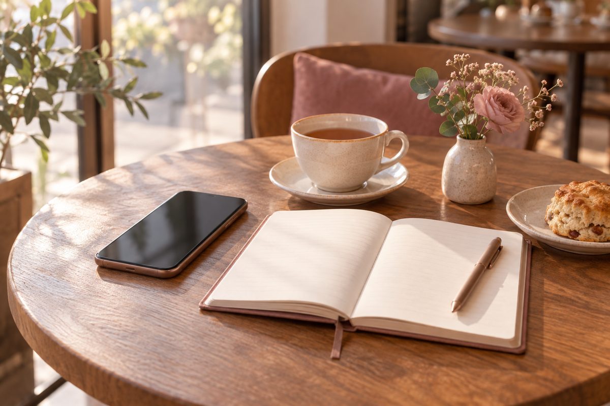 朝のカフェのテーブルに置いたスマートフォンと手帳、紅茶(画面の文字は読めない)