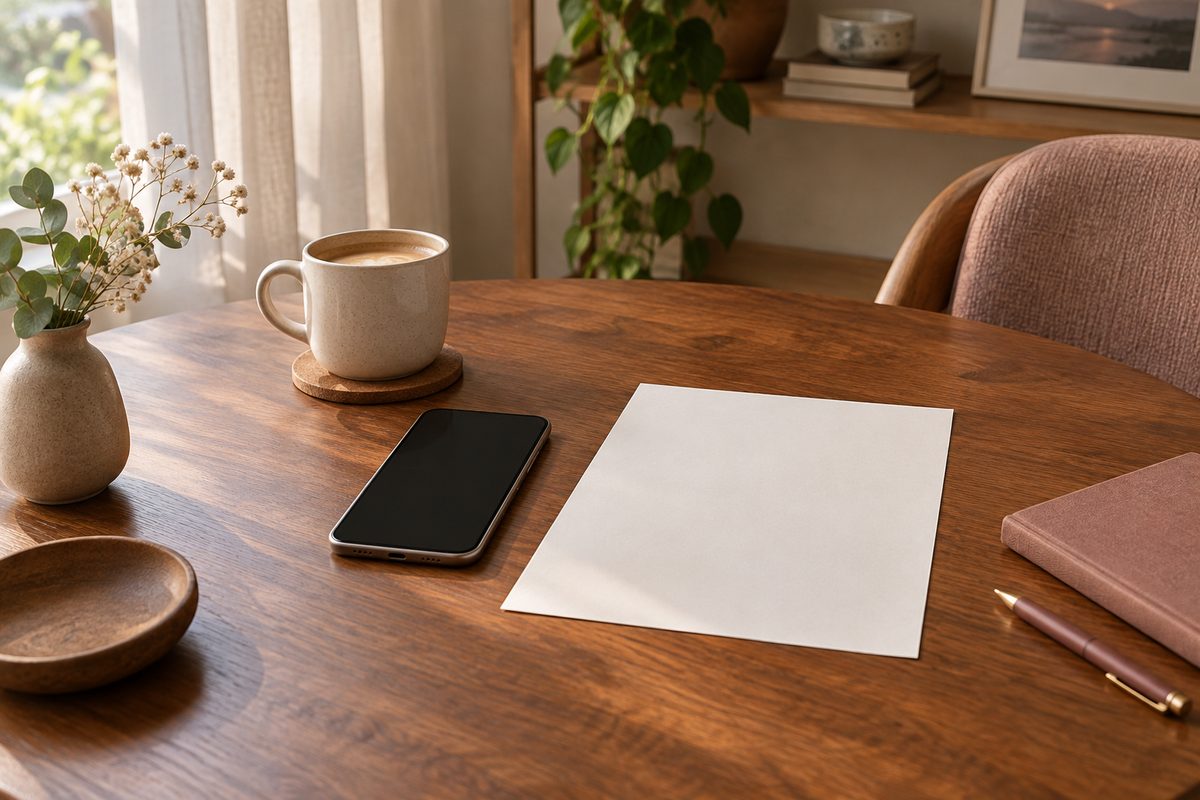 落ち着いた部屋のテーブルにスマートフォンと手紙のような便せん（文字は読めない・人物なし）