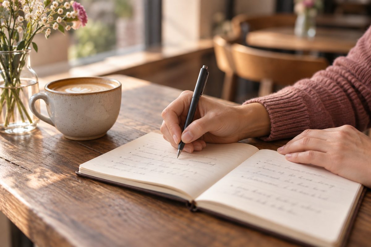 ノートに質問を書き出す手元とペン、横にコーヒー（文字は読めない）