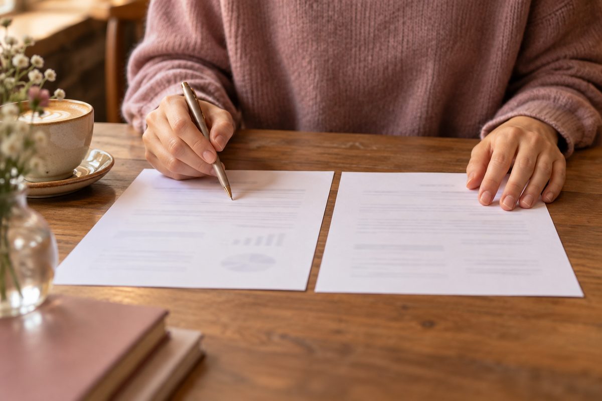 カフェのテーブルで2枚の書類を見比べて考える手元（文字は読めない・顔は写らない）