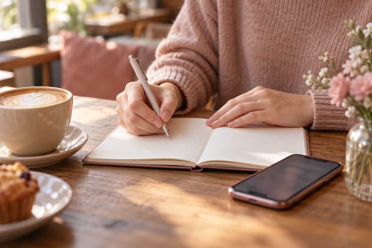 ノートに費用を書き出す手元とペン、横にスマートフォン(文字は読めない)