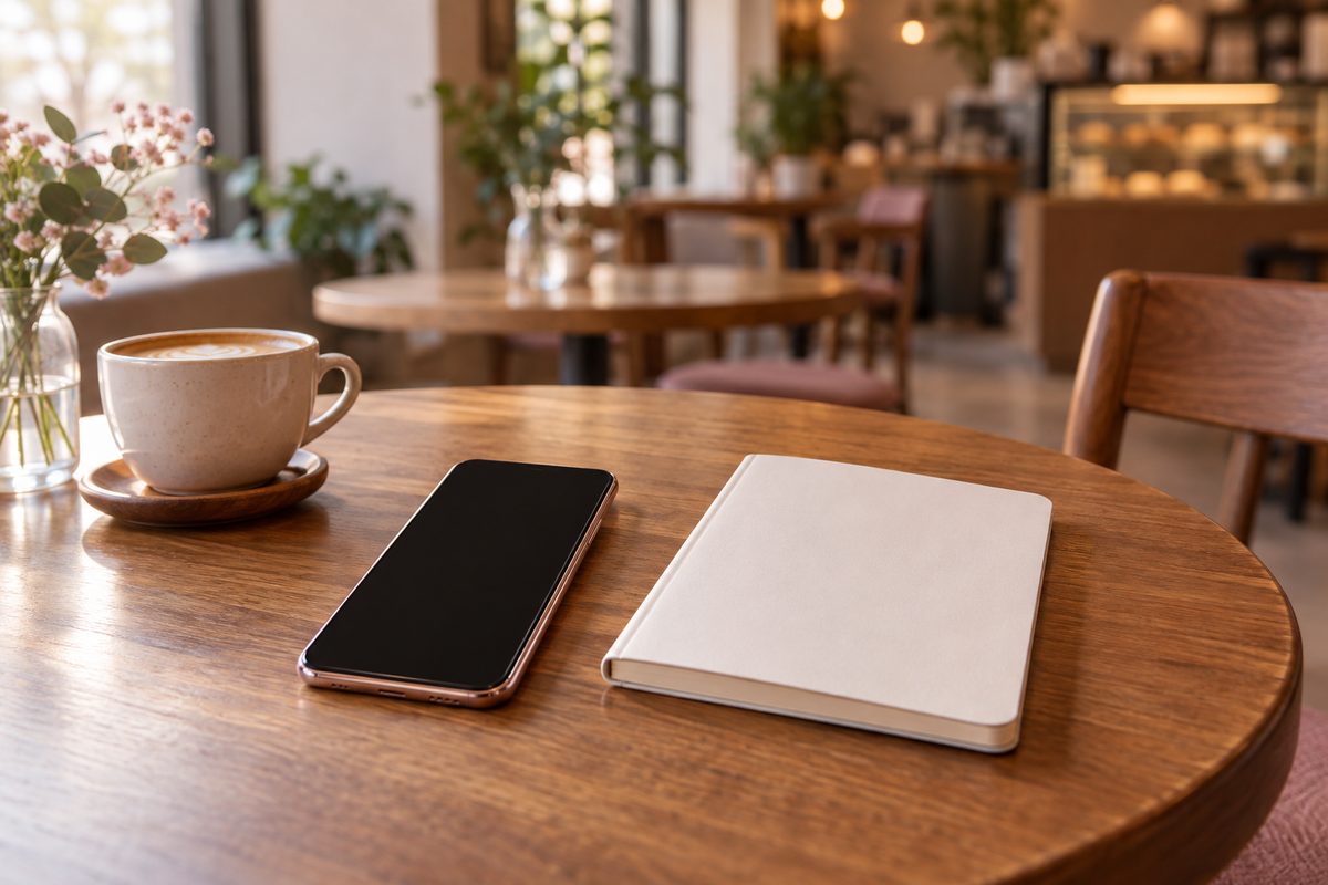 柔らかい光のカフェの席に置いたスマートフォンと手帳