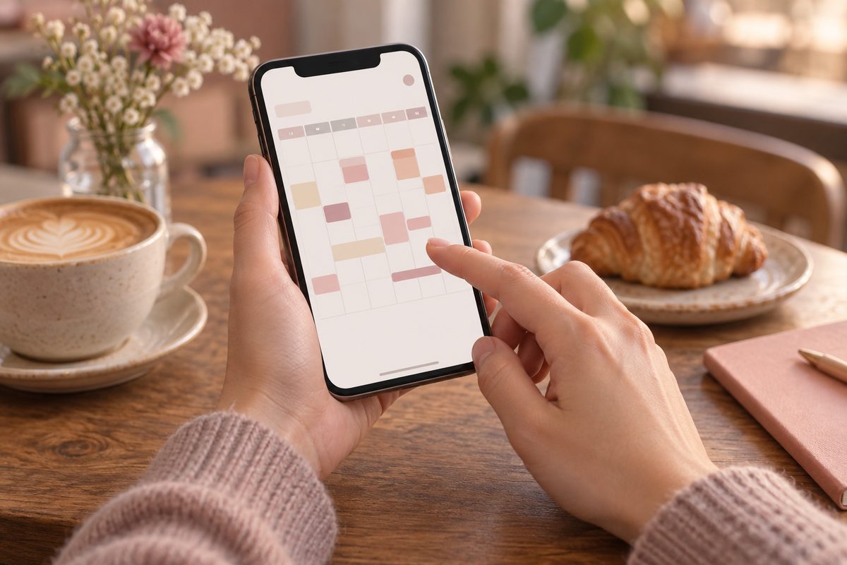 スマートフォンを手にカレンダーを見る手元(画面の文字は読めない・顔は写らない)