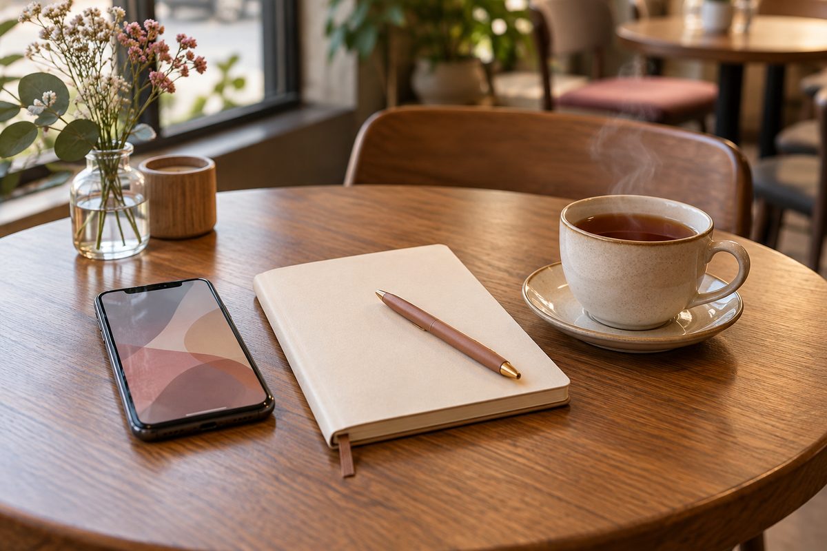 カフェのテーブルに置いたスマートフォンとノート、湯気の立つ紅茶（画面の文字は読めない）