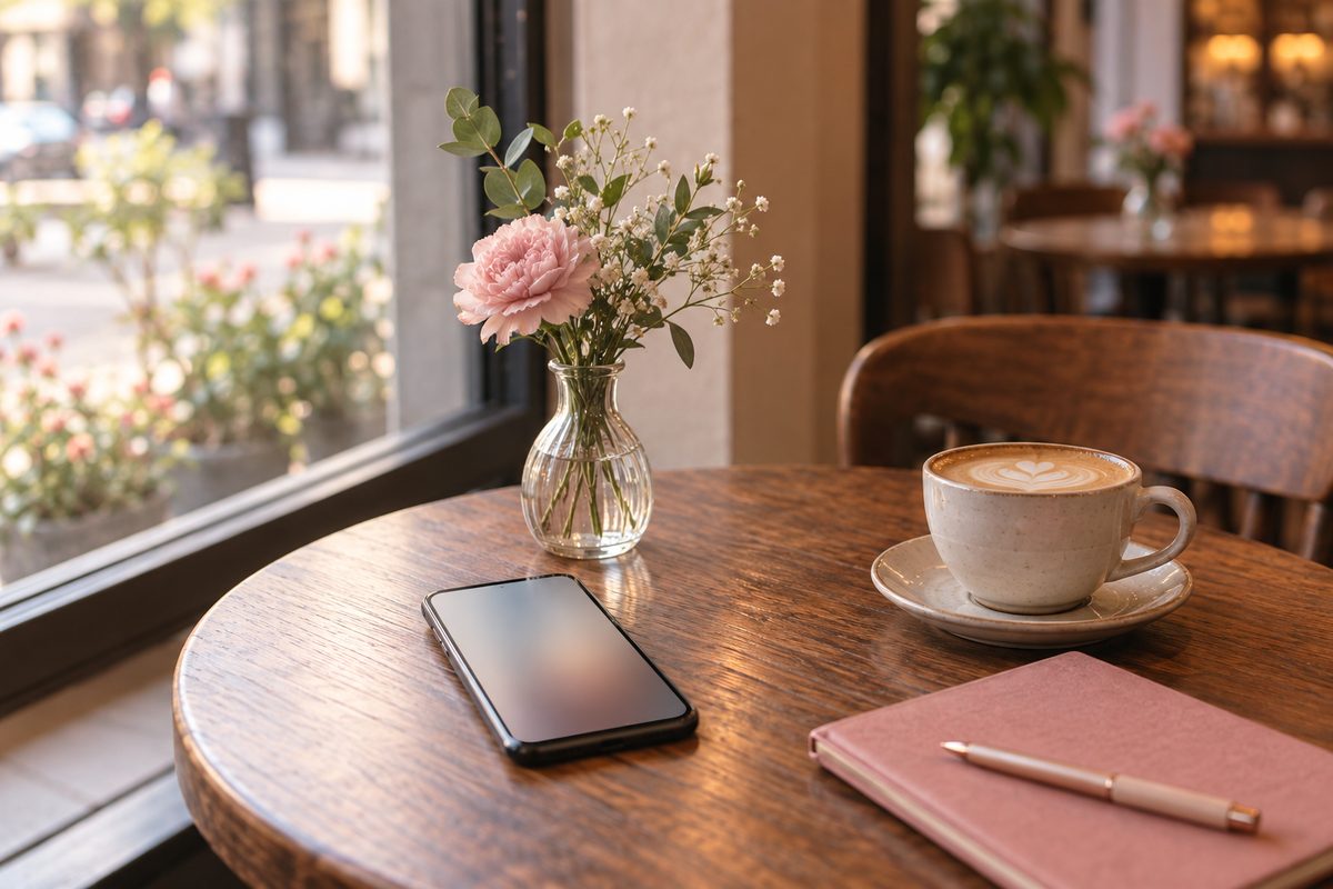 カフェの窓辺の小さなテーブルにスマートフォンと小さな花瓶(画面の文字は読めない)