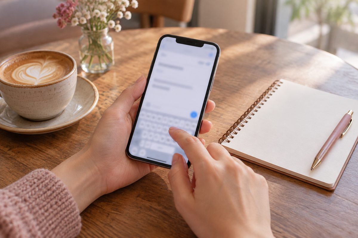スマートフォンでメールを打つ手元と横に置いたノート（画面の文字は読めない）