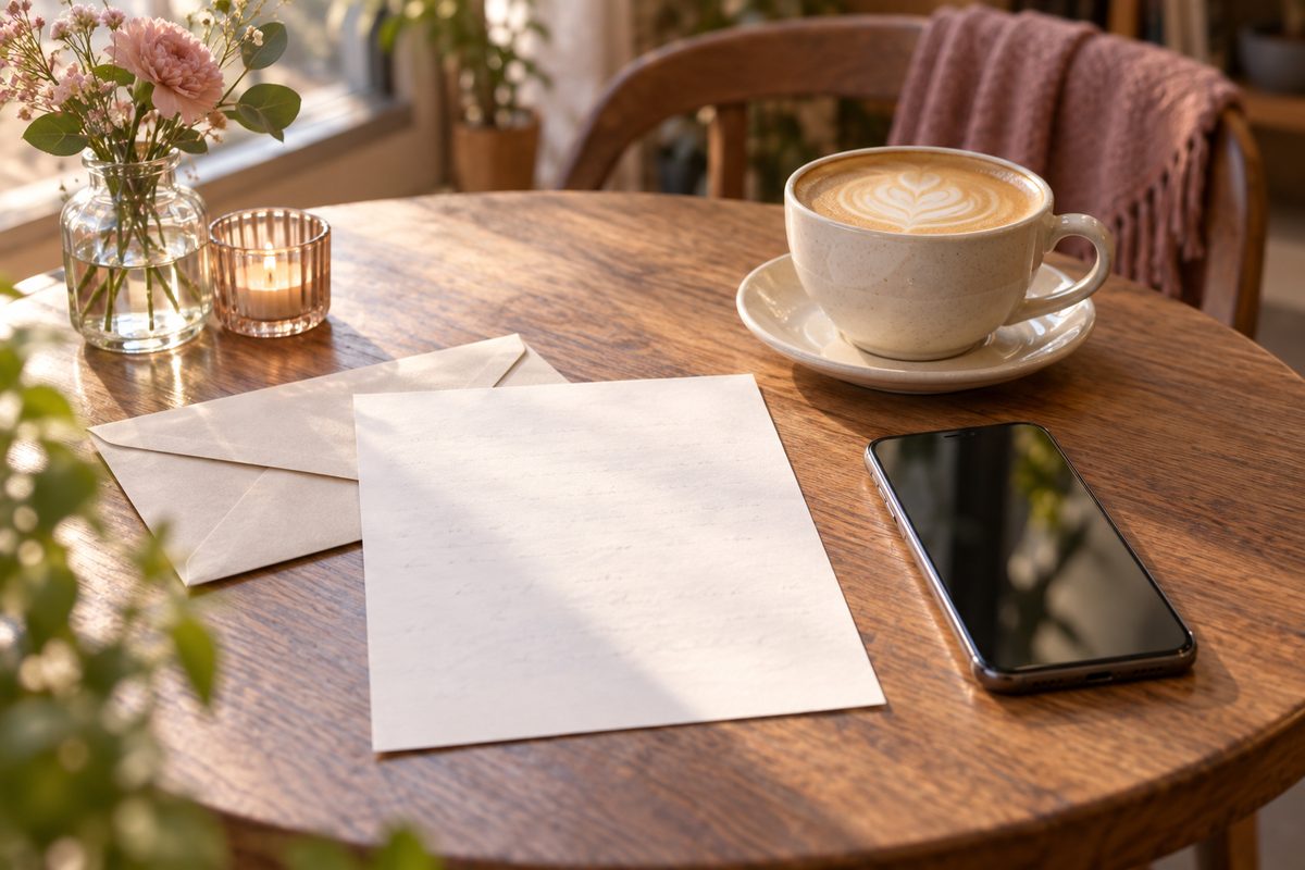 カフェのテーブルに置いた便箋とスマートフォン、ラテ（文字は読めない）