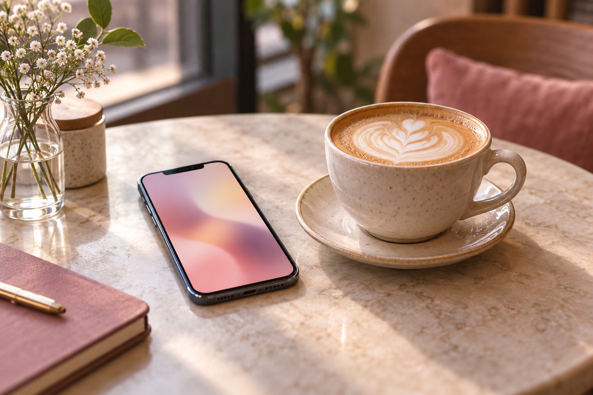 カフェのテーブルに置いたスマートフォンとカフェラテ(画面の文字は読めない)