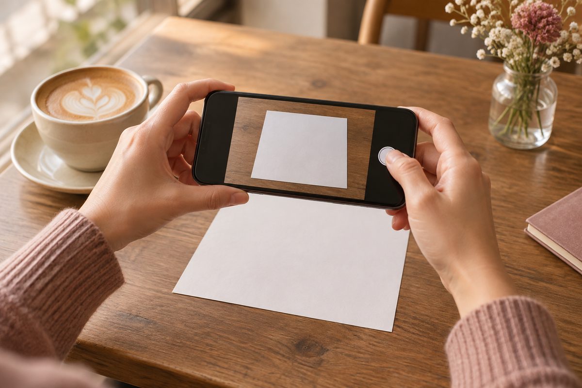 スマートフォンで書類を撮影する手元(顔は写らない)
