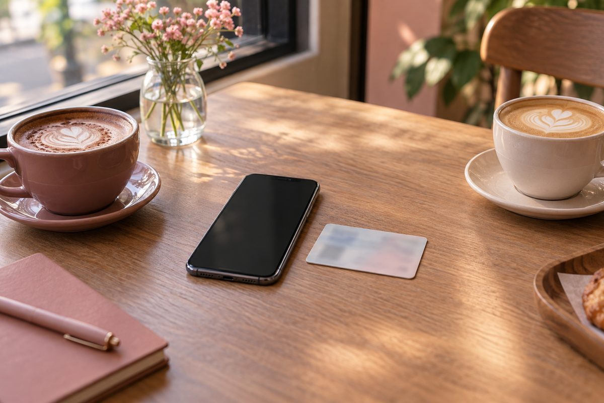 窓辺の木のテーブルに置いたスマートフォンと本人確認書類のカード(中身は見えない)