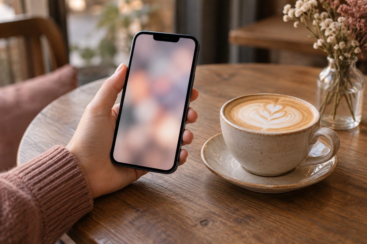 カフェのテーブルでスマートフォンを片手に持つ手元とカフェラテ（画面の文字は読めない・顔は写らない）