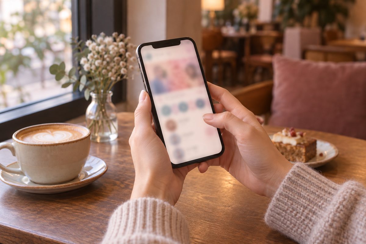 カフェの窓辺でスマートフォンのアプリ画面を見る手元（画面の文字は読めない）