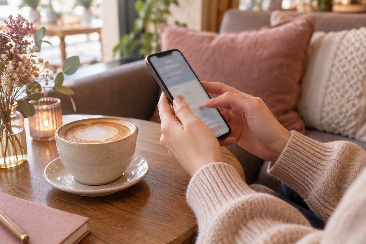 カフェのソファでスマートフォンに文字を打つ手元とラテ（画面の文字は読めない）