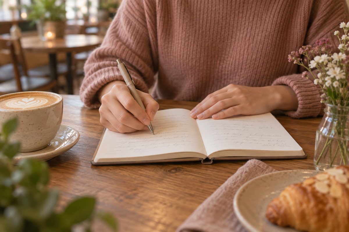 メモ帳に相談したいことを書き出す手元とペン（文字は読めない）