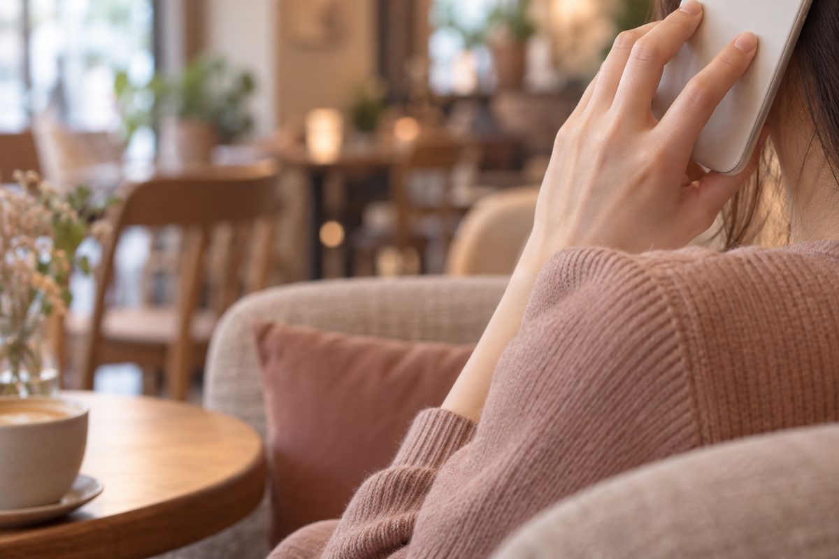 カフェのソファ席でスマートフォンを耳に当てて話す人の手元と肩（顔は写らない）