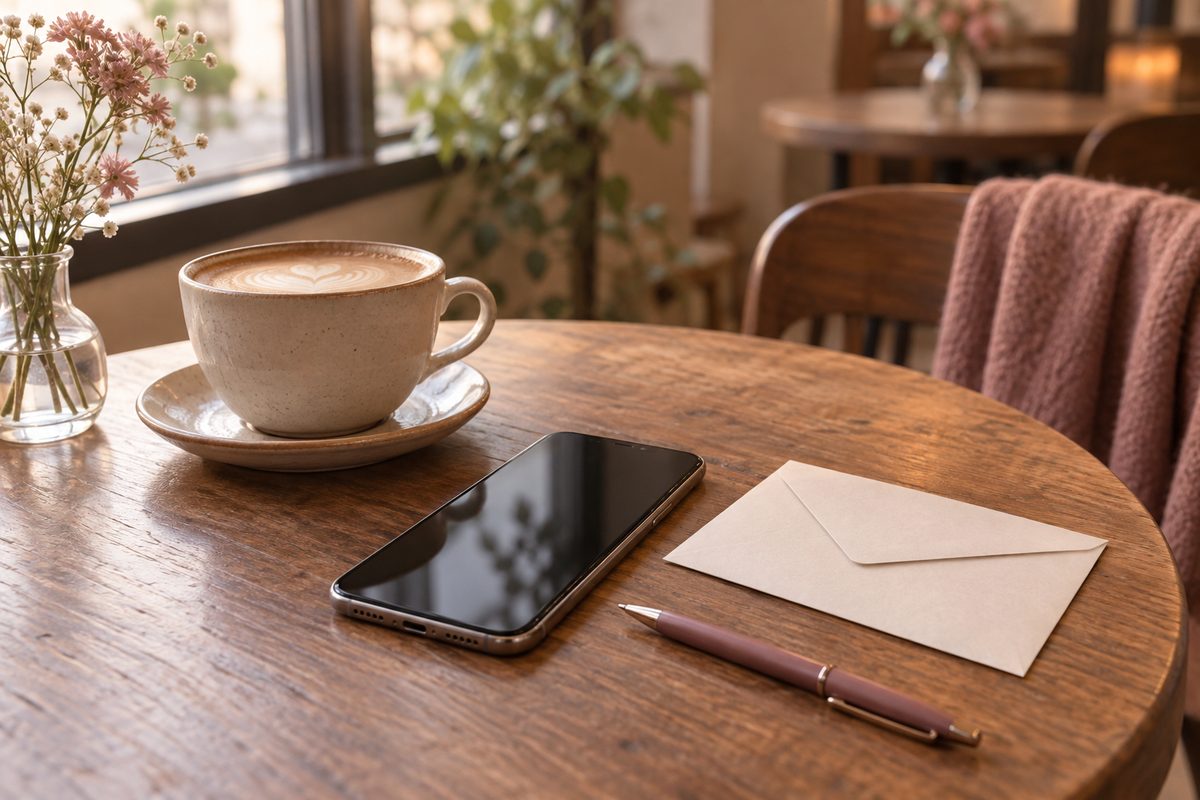 カフェのテーブルでスマートフォンと封筒、ペンが並ぶ様子（文字は読めない）
