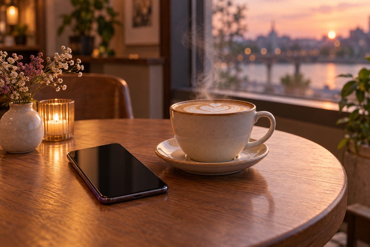 夕方の窓辺のテーブルに置いたスマートフォンと湯気の立つカフェラテ