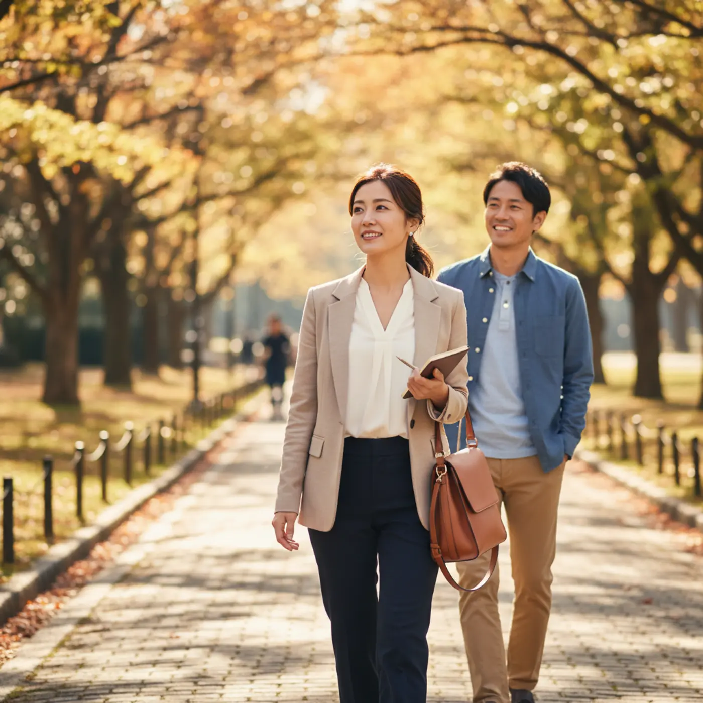 元恋人への執着を手放し、晴れやかな表情で前を向いて歩く女性。復縁の鍵となる自立したマインドを象徴するイメージ。