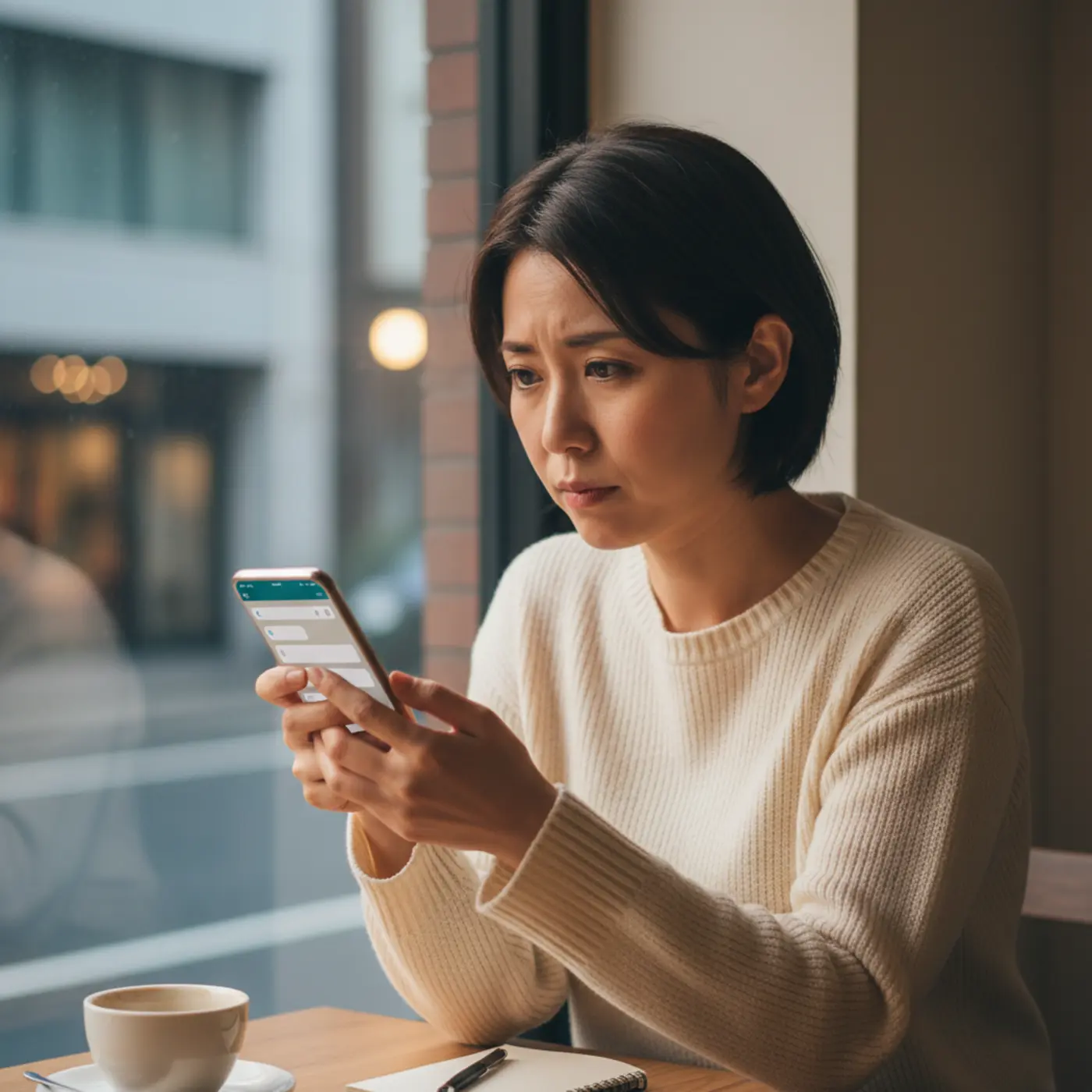 激務で忙しい恋人への連絡タイミングに悩み、スマートフォンを片手にLINEのメッセージを考える女性。冷却期間を終え、復縁のために最適な時間帯を探している様子。