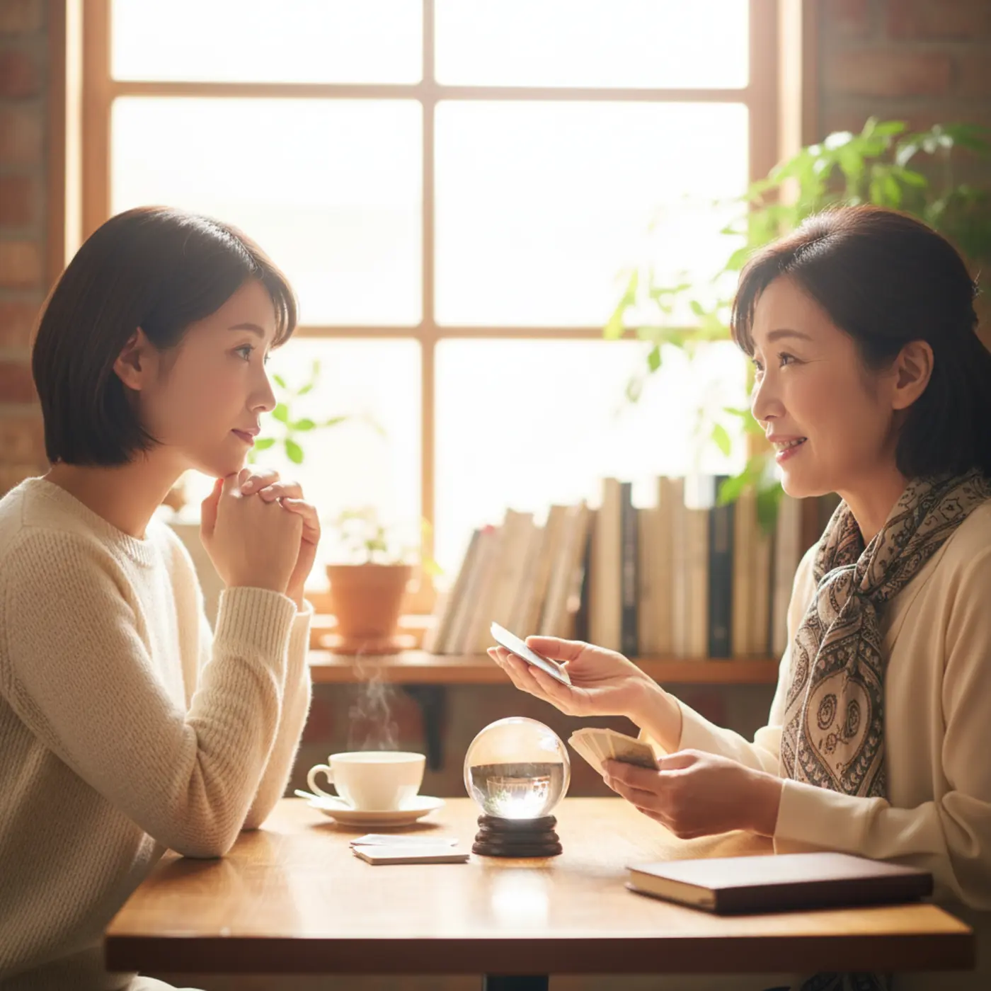恋愛の悩みが辛い時、占いやカウンセリングといった専門家の力を借りて心を整える女性。一人で抱え込まず相談する選択肢もある。