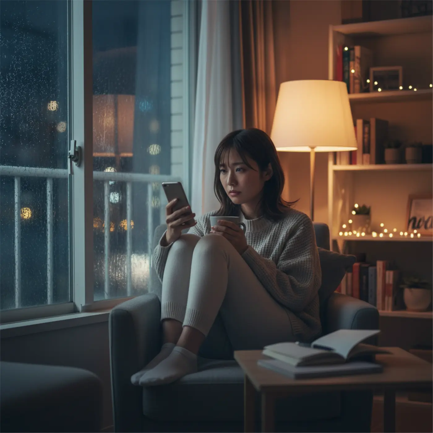 元カレとの復縁で悩み、夜一人で落ち込んでいる女性。辛い時はカウンセラーなど第三者に相談して心を軽くすることも大切。