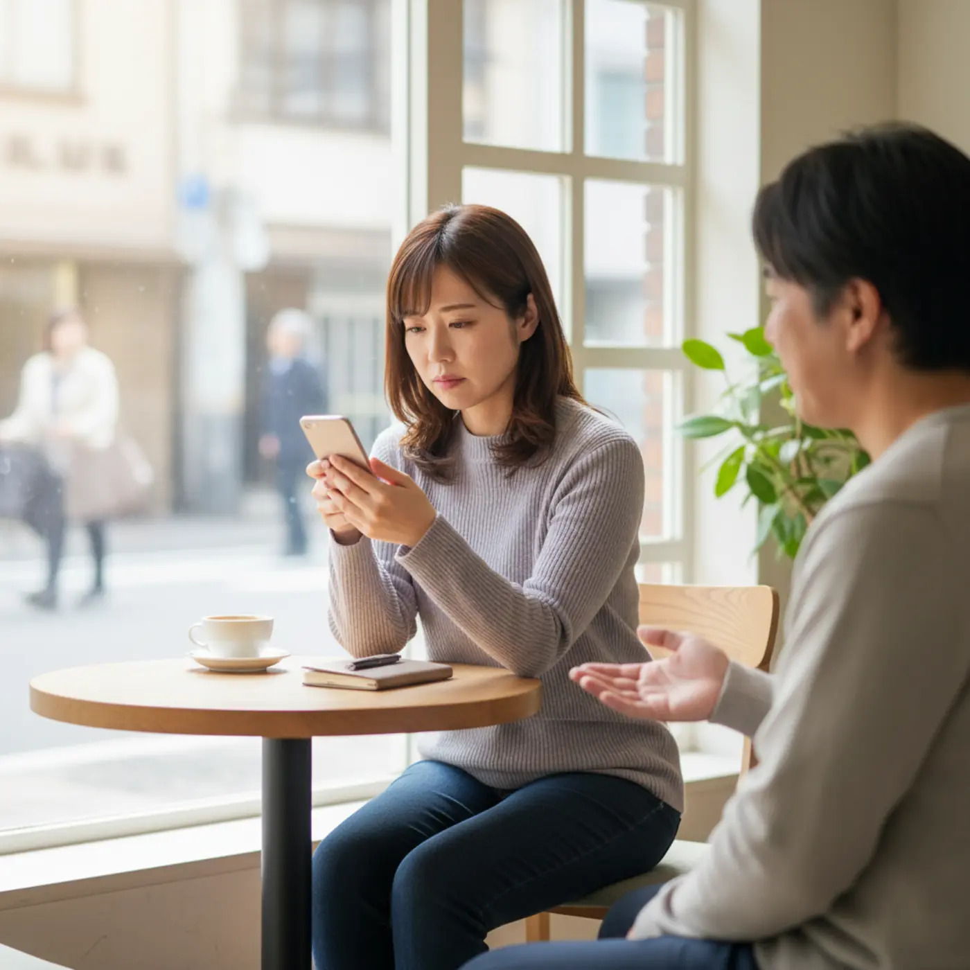 LINEが既読スルー・未読無視されて落ち込む女性のイラスト。相手から返信がない時の対処法として、焦らず冷静に冷却期間を置くマインドセットの重要性を示している。